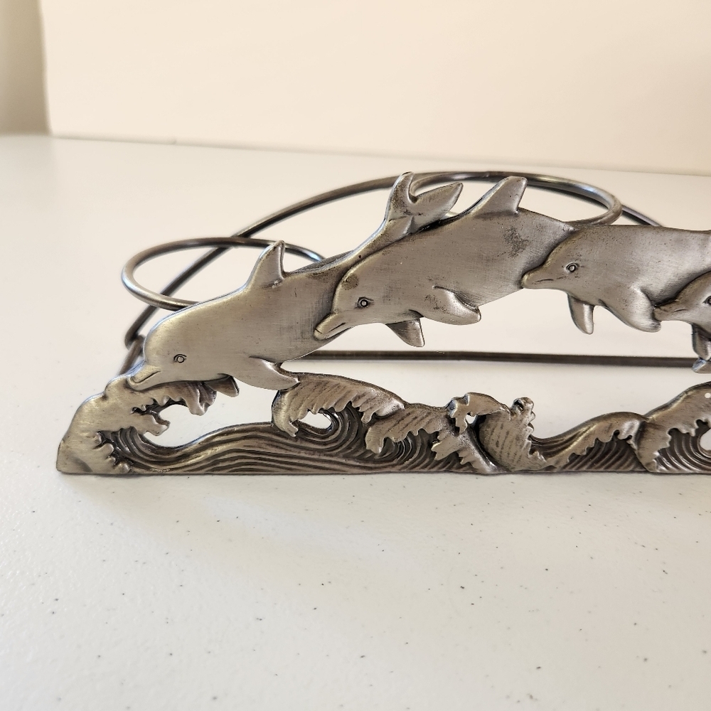 Vintage 90s Pewter Dolphin Candle Holder Votive 3 Tea Light Dolphins Ocean - Picture 2 of 6